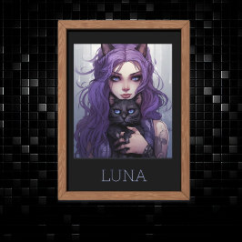 愛らしいアニメの少女と猫のかわいい紫色の髪 ポスター