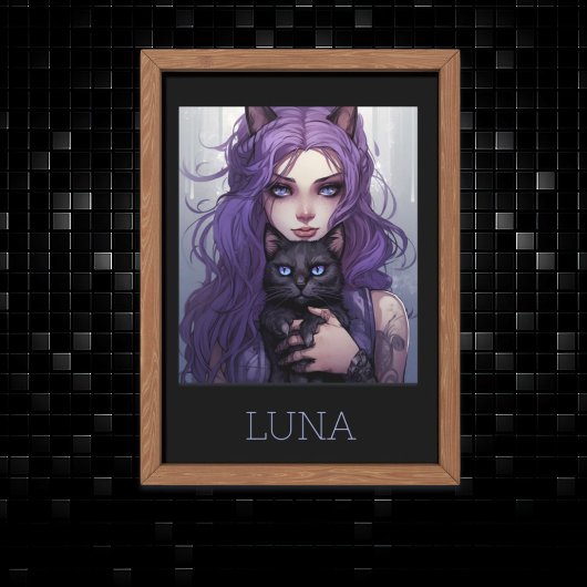 愛らしいアニメの少女と猫のかわいい紫色の髪 ポスター