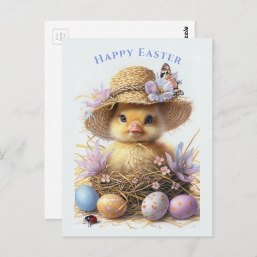 愛らしいアヒルの麦わら帽子イースター卵の花 ポストカード (正面/裏面)
