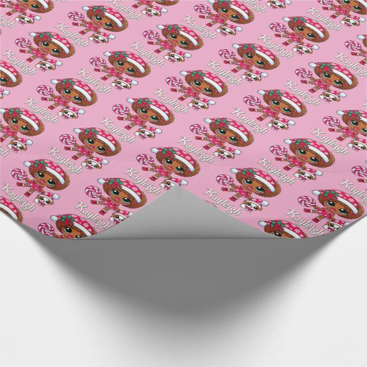 愛らしいアフリカ系アメリカ人の女の子と子犬のクリスマス ラッピングペーパー (角)