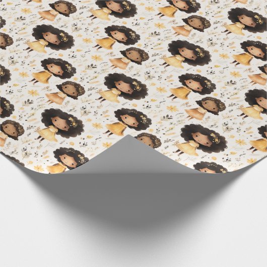 愛らしいアフリカ系アメリカ人の少女と金色の花 ラッピングペーパー (角)