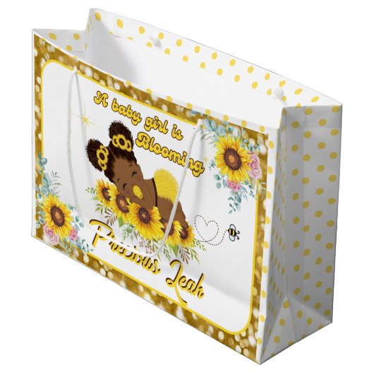 愛らしいアフリカ系アメリカ人ひまわり赤ちゃんシャワー ラージペーパーバッグ (正面アングル)