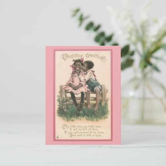 愛らしいアフリカ系アメリカ人カップルヴィンテージバレンタイン ポストカード (スタンド正面)