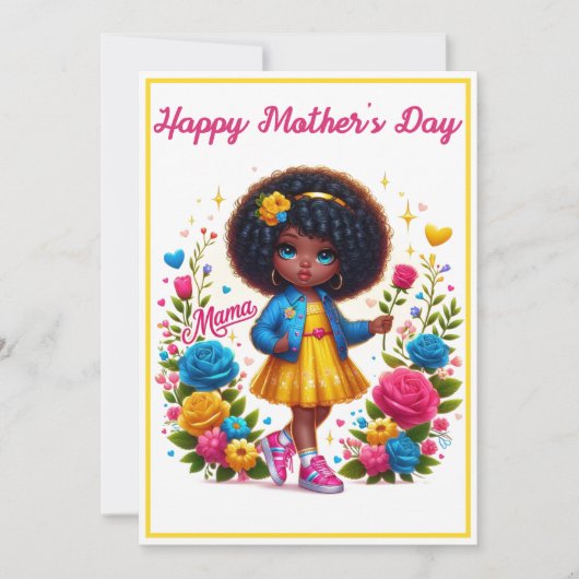 愛らしいアフロの女の子イエロー/ピンクの花の母の日 シーズンカード (正面)