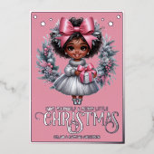 愛らしいアフロガールピンク&シルバークリスマスリース 箔シーズンカード (正面)