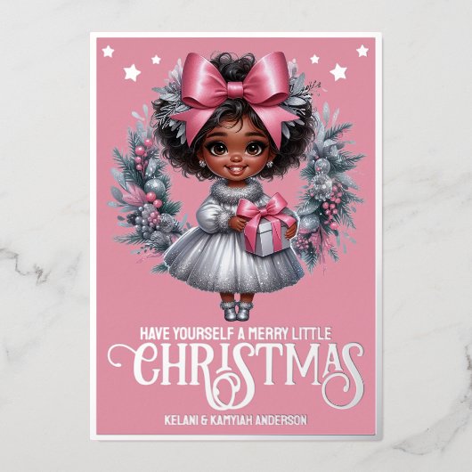 愛らしいアフロガールピンク&シルバークリスマスリース 箔シーズンカード (正面)