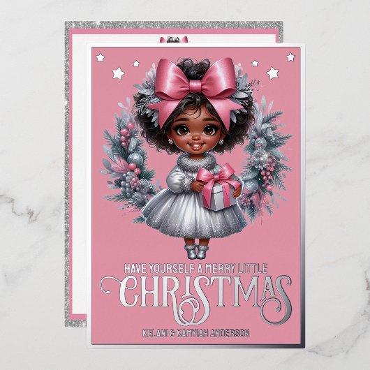 愛らしいアフロガールピンク&シルバークリスマスリース 箔シーズンカード (正面/裏面)