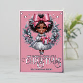 愛らしいアフロガールピンク&シルバークリスマスリース 箔シーズンカード (立ち正面)