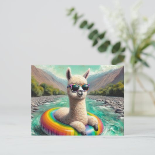 愛らしいアルパカがレインボーカラー浮き浮き ポストカード (スタンド正面)