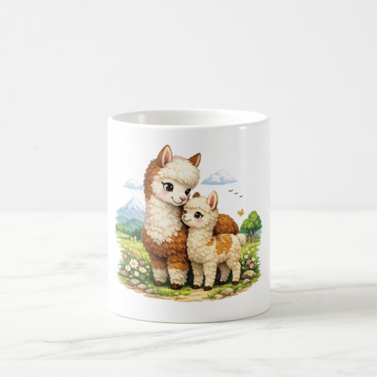 愛らしいアルパカの母と子 コーヒーマグカップ (中央)