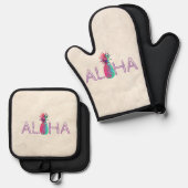 愛らしいアロハハワイアンパイナップル 鍋つかみ&鍋敷きセット (正面/裏面)