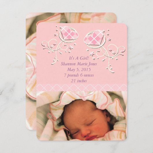 愛らしいアーガイルピンクの女の子誕生のお知らせ 案内状 (正面/裏面)