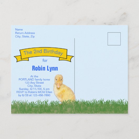 愛らしいイエローアクリングスチャイルドーズ誕生日 インビテーションポストカード (裏面)