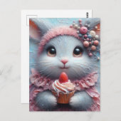 愛らしいイチゴのカップケーキが入ったバニー ポストカード (正面/裏面)