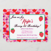 愛らしいイチゴの最初の誕生日パーティー 招待状 (正面/裏面)