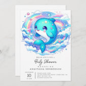 愛らしいイルカの赤ちゃんシャワー 招待状 (正面/裏面)