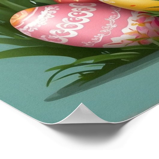 愛らしいイースターウサギ カラフルな卵 春の花 ポスター (角)