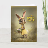 愛らしいイースターバニーとバスケットと花 カード (正面)