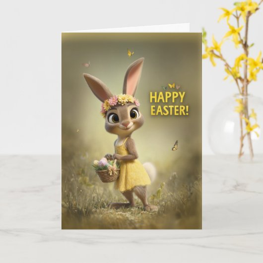 愛らしいイースターバニーとバスケットと花 カード (黄色い花)