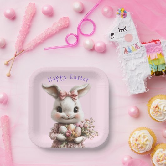 愛らしいイースターバニーピンクの弓色の卵 ペーパープレート (パーティー)