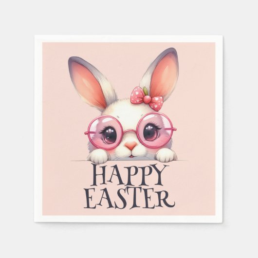 愛らしいイースターバニー眼鏡と弓を着て スタンダードカクテルナプキン (正面)