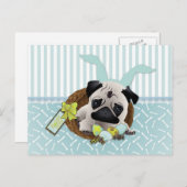 愛らしいイースターパグと卵、バスケット シーズンポストカード (正面/裏面)