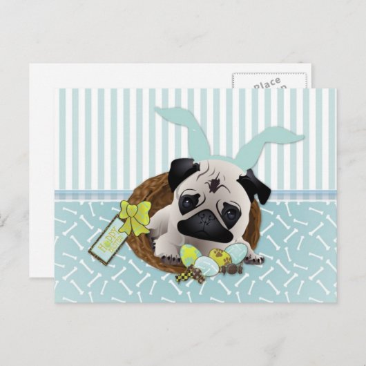 愛らしいイースターパグと卵、バスケット シーズンポストカード (正面/裏面)