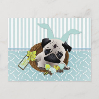 愛らしいイースターパグと卵、バスケット シーズンポストカード