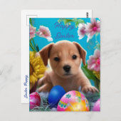 愛らしいイースターパピー、花と卵 ポストカード (正面/裏面)