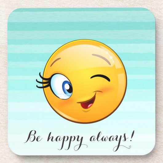 愛らしいウィンキング絵文字顔 – 常に幸せになる コースター (正面)