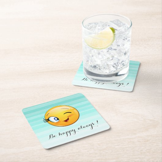 愛らしいウィンキング絵文字顔 – 常に幸せになる スクエアペーパーコースター (インサイチュ)