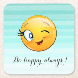 愛らしいウィンキング絵文字顔 – 常に幸せになる スクエアペーパーコースター