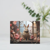 愛らしいウサギとピンクの花はがき ポストカード (スタンド正面)