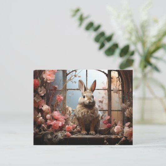 愛らしいウサギとピンクの花はがき ポストカード (スタンド正面)