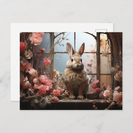 愛らしいウサギとピンクの花はがき ポストカード (正面/裏面)