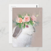 愛らしいウサギとフラワークラウンポートレート ポストカード (正面/裏面)
