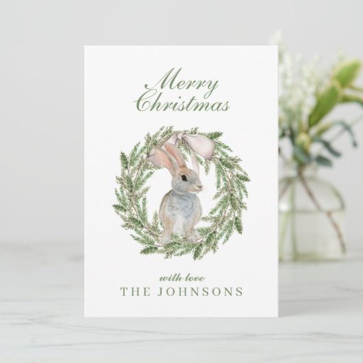 愛らしいウサギのウサギがリースのクリスマス シーズンカード (スタンド正面)
