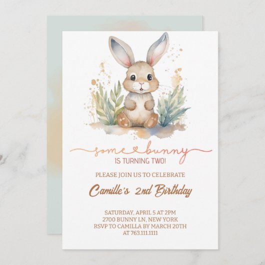 愛らしいウサギの誕生日 招待状 (正面/裏面)