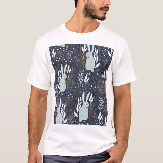 愛らしいウサギ：森のシームレスなパターン Tシャツ (正面)