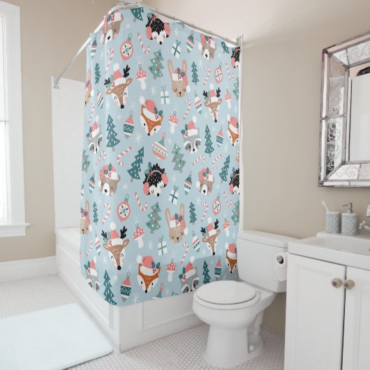 愛らしいウッドランドのクリスマス動物顔模様 シャワーカーテン (インサイチュ)