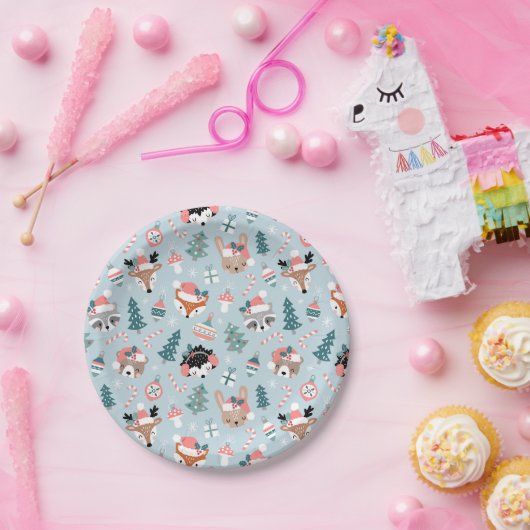 愛らしいウッドランドのクリスマス動物顔模様 ペーパープレート (パーティー)