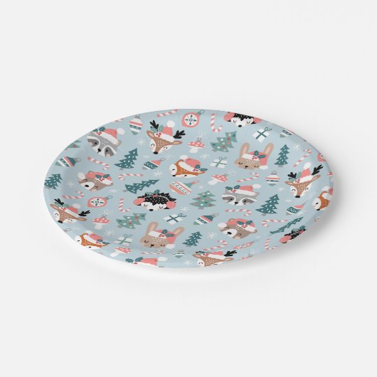 愛らしいウッドランドのクリスマス動物顔模様 ペーパープレート (アングル)