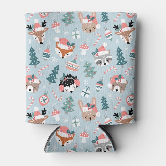 愛らしいウッドランドのクリスマス動物顔模様 缶クーラー (正面)