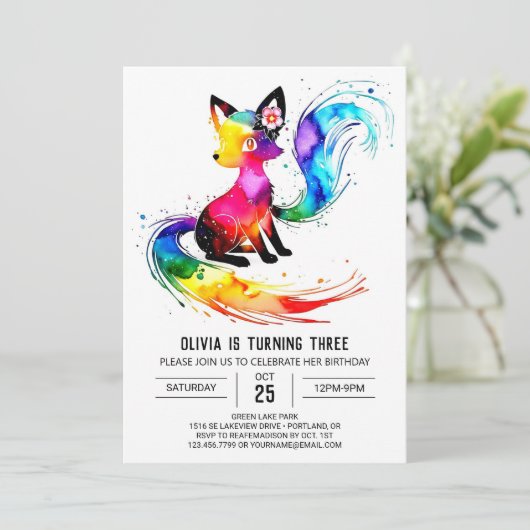 愛らしいウッドランドフォックスデジタルガールバースデー 招待状 (スタンド正面)