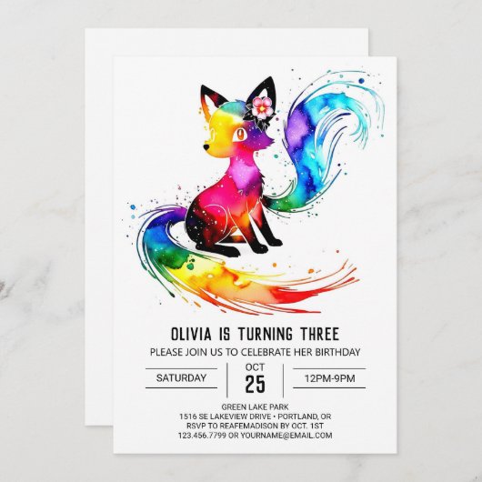 愛らしいウッドランドフォックスデジタルガールバースデー 招待状 (正面/裏面)