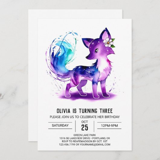 愛らしいウッドランドフォックスデジタルガールバースデー 招待状 (正面/裏面)