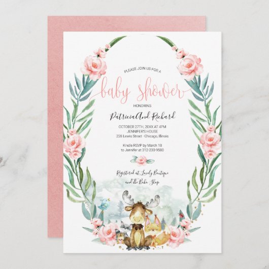 愛らしいウッドランドフローラ緑の赤ちゃんシャワー 招待状 (正面/裏面)
