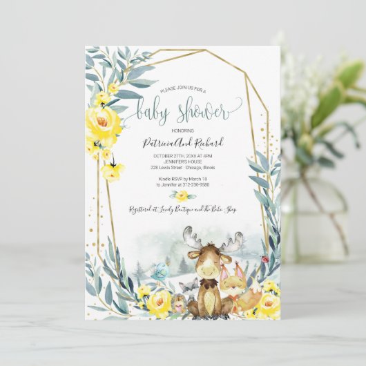 愛らしいウッドランドフローラ緑の赤ちゃんシャワー 招待状 (スタンド正面)