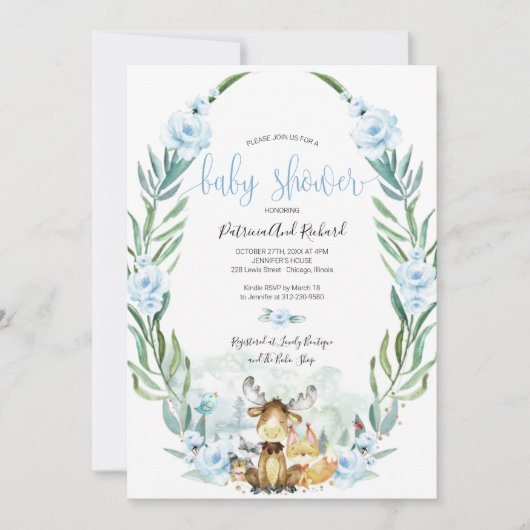 愛らしいウッドランドフローラ緑の赤ちゃんシャワー 招待状 (正面)