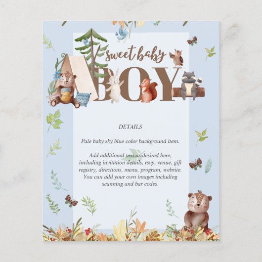 愛らしいウッドランドベアーキャンプ少年の赤ちゃんシャワー チラシ (裏面)